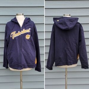 Vintage y2k Timberland Timbs Navy Blue Tan Spellout Zip Up Hoodie Sweatshirt Lg